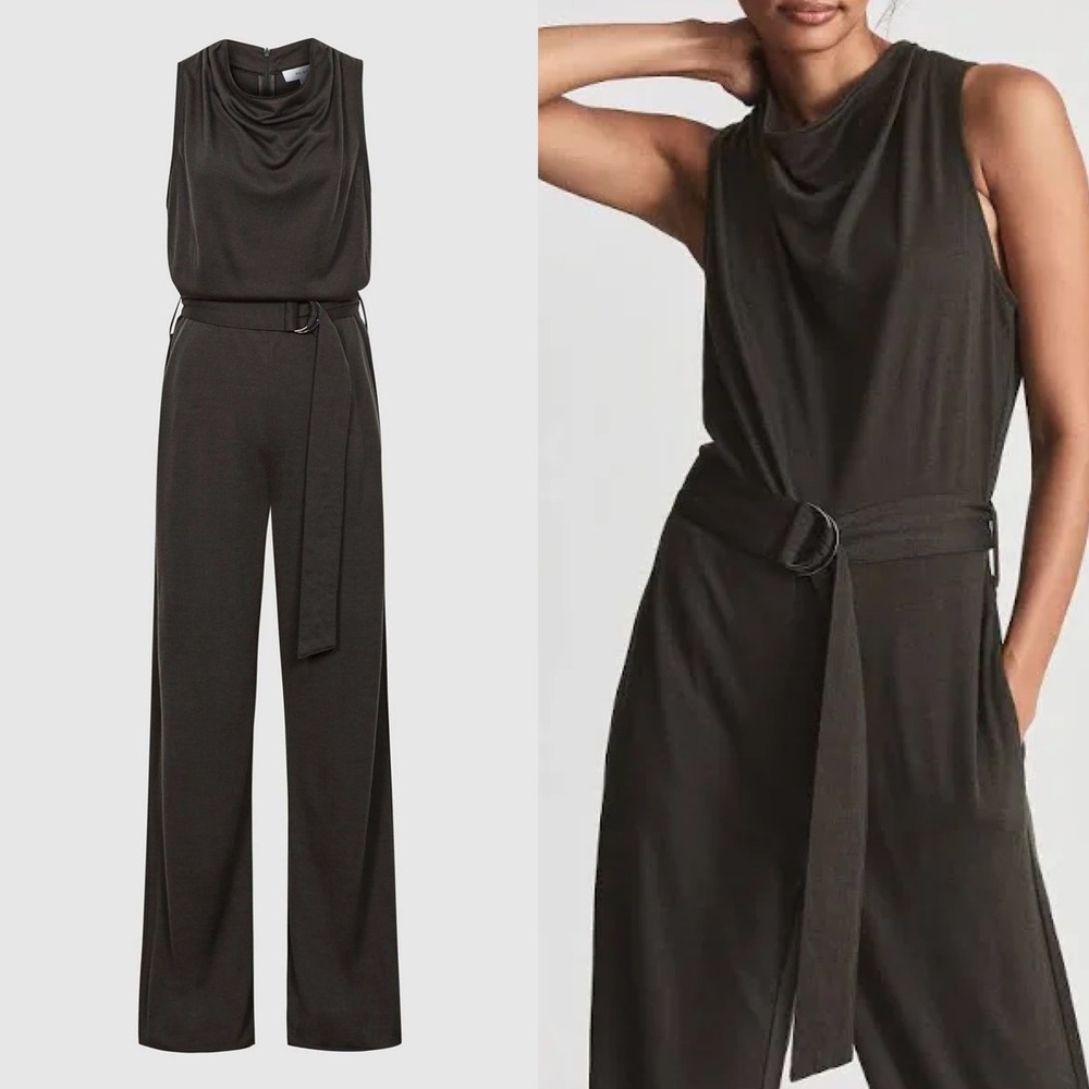 Reiss Milo Jumpsuit Size 4 Dark Green Wool Blend Cowl Neck Belted Quiet‎ Luxury